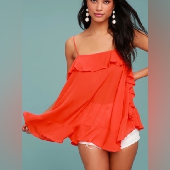 NWT Free People Cascades Ruffle Camisole in Fire Orange/Red Size XS - Picture 3 of 12